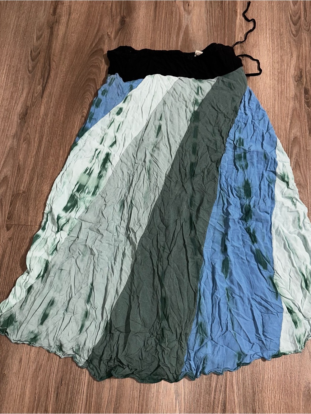 Kathmandu Skirt Bohemian Black-Waist Maxi Skirt with Blue and Green Panels